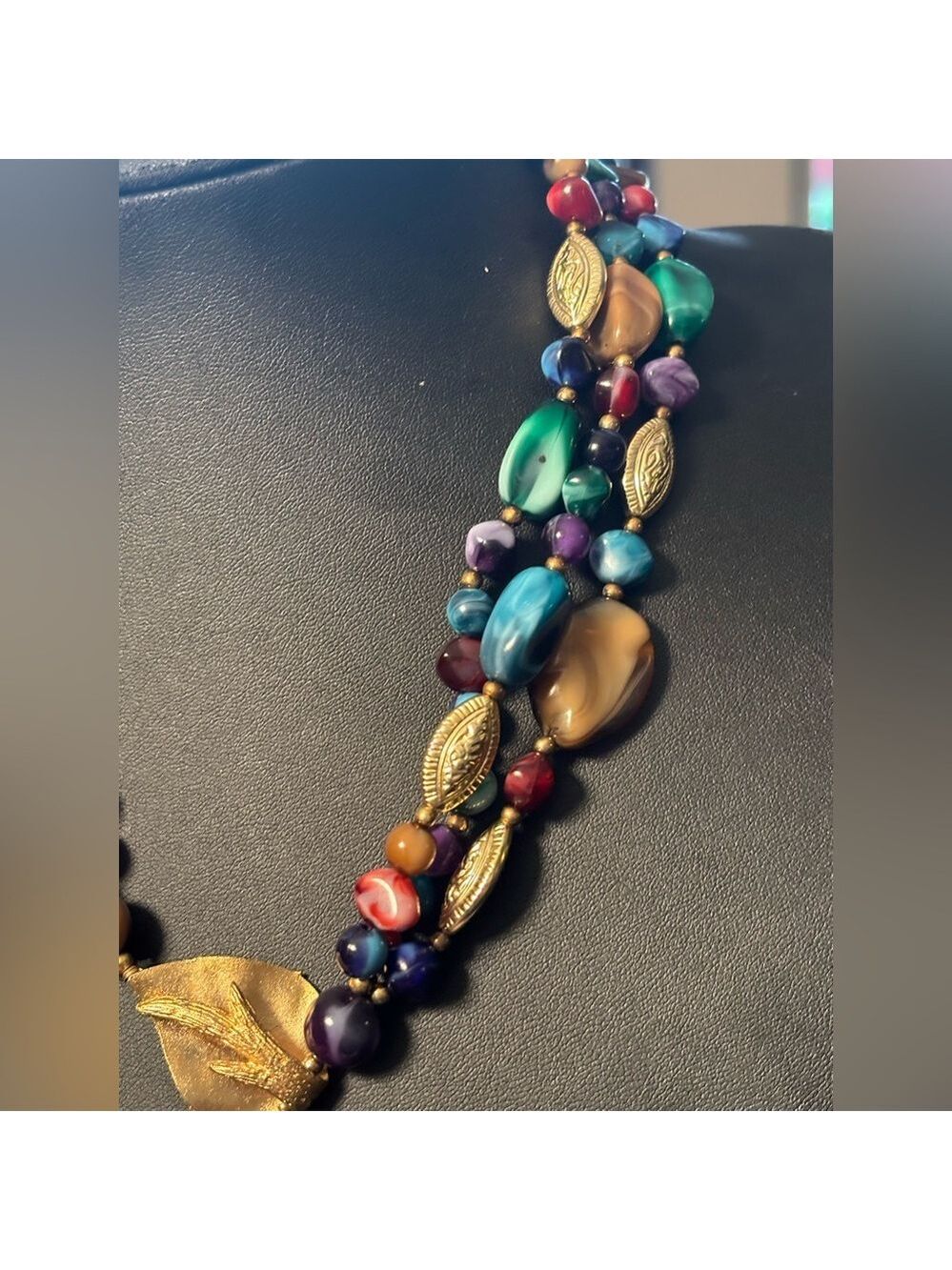 VINTAGE Genuine Lucite Statement Necklace • Gold Leaf Drop • Colorful Boho Luxe - Picture 12 of 16